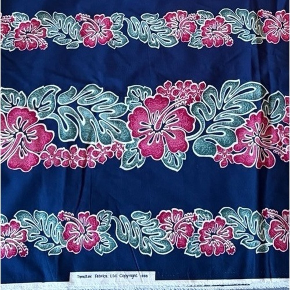 Vintage Trendtex Cotton Blue Fabric Hawaiian Floral Aloha Print 1998 5 Yards